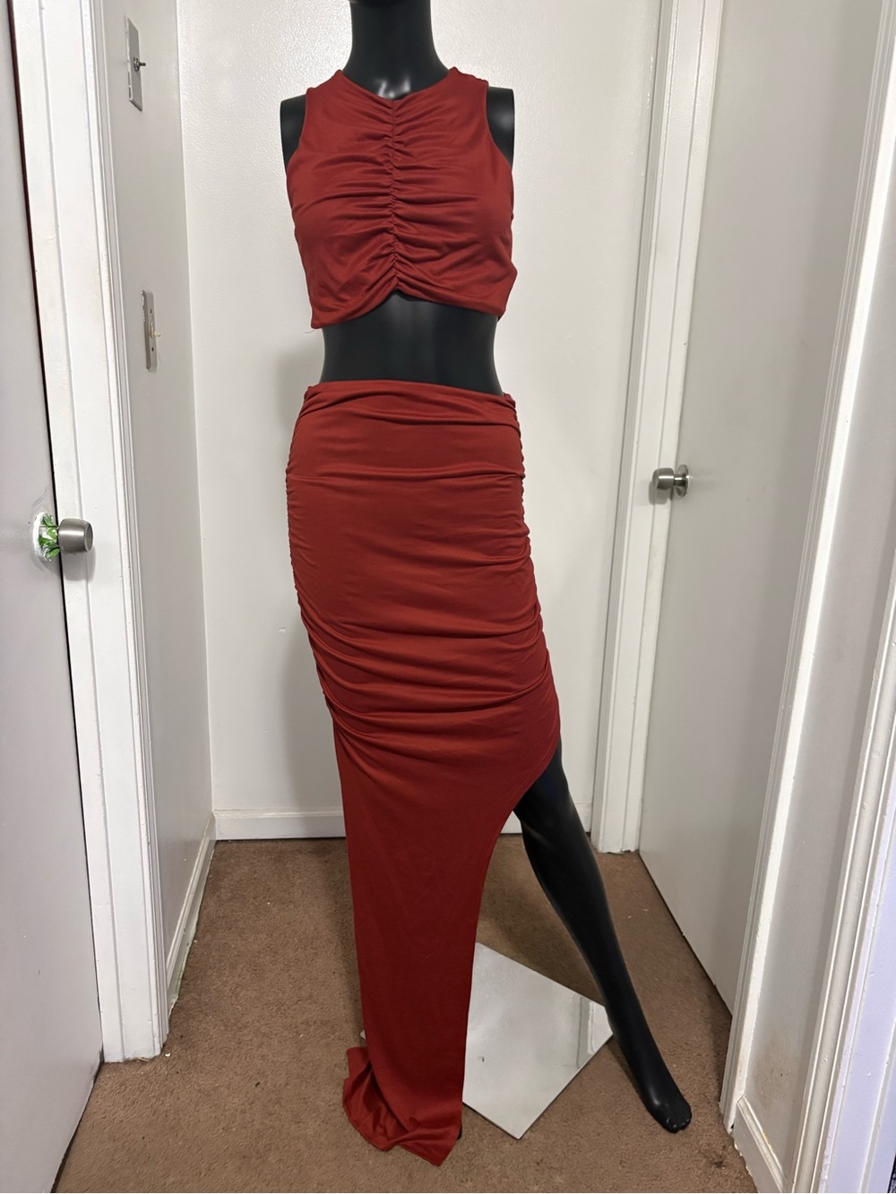 Ruched Asymmetric Maxi Skirt Set in Rust Red NWOT Medium